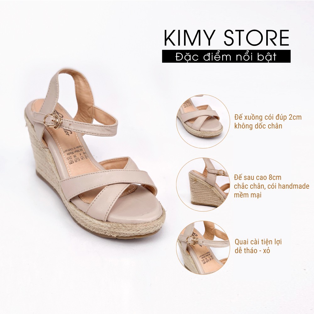 Sandal VNXK da thật quai cài tiện lợi - Dép xăng đan nữ đế xuồng cói da mềm - hàng VNXK - KIMY STORE