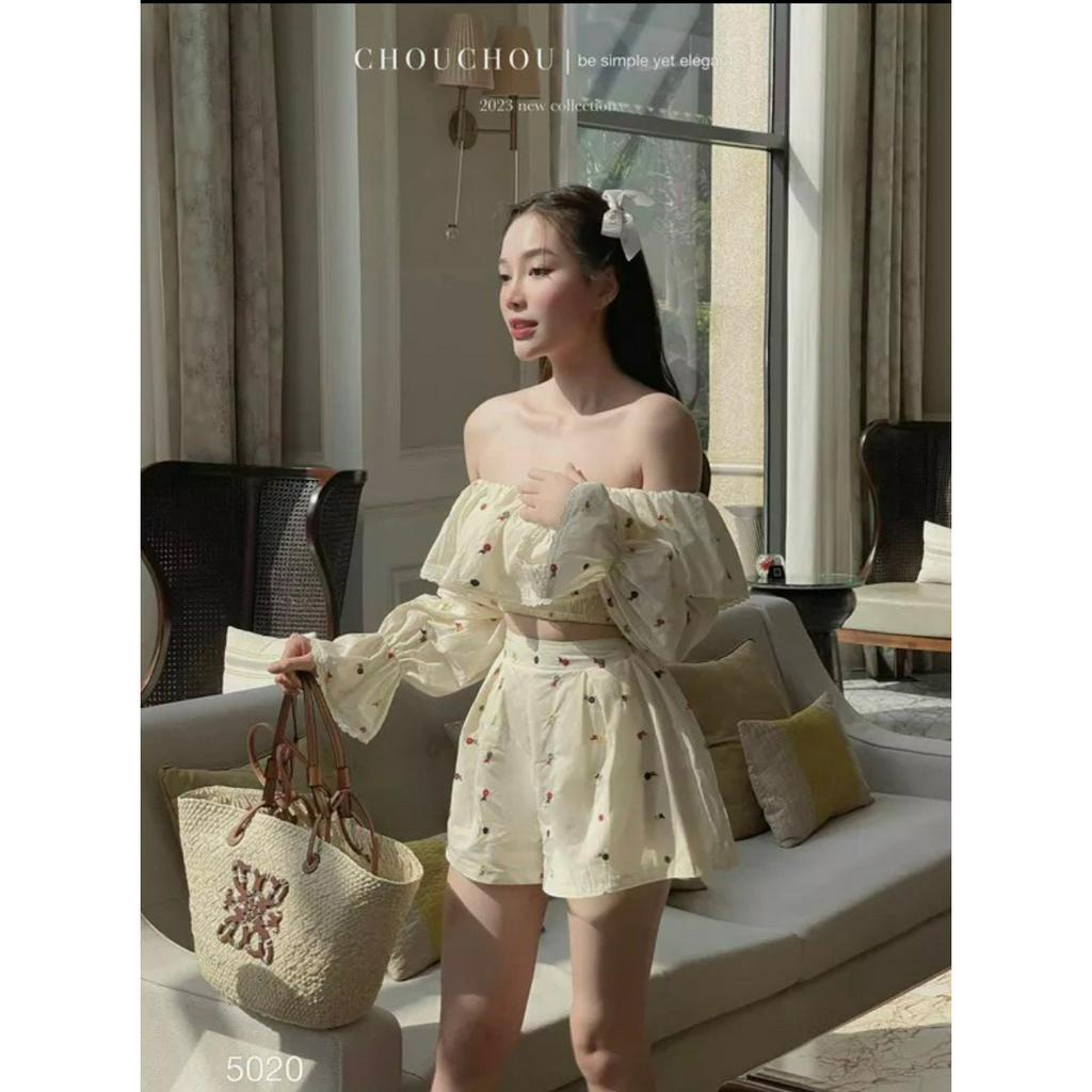 Set bộ lụa ý in 3D siêu xinh áo tay dài trễ vai phối quần ngắn ống rộng thời trang ngọt ngào mặc đi hẹn hò