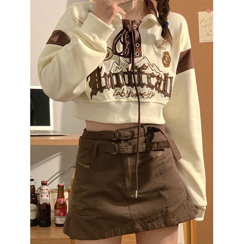 Áo Sweater Lông Ngắn Hở Rốn Thêu Chữ Phong Cách Đường Phố Gia Vị Chiên Retro Mỹ Dành Cho Bạn Nữ