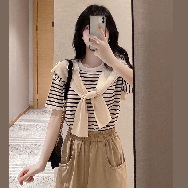 Set áo thun sọc ngang và quần dài ống rộng thời trang nữ (có bán lẻ)