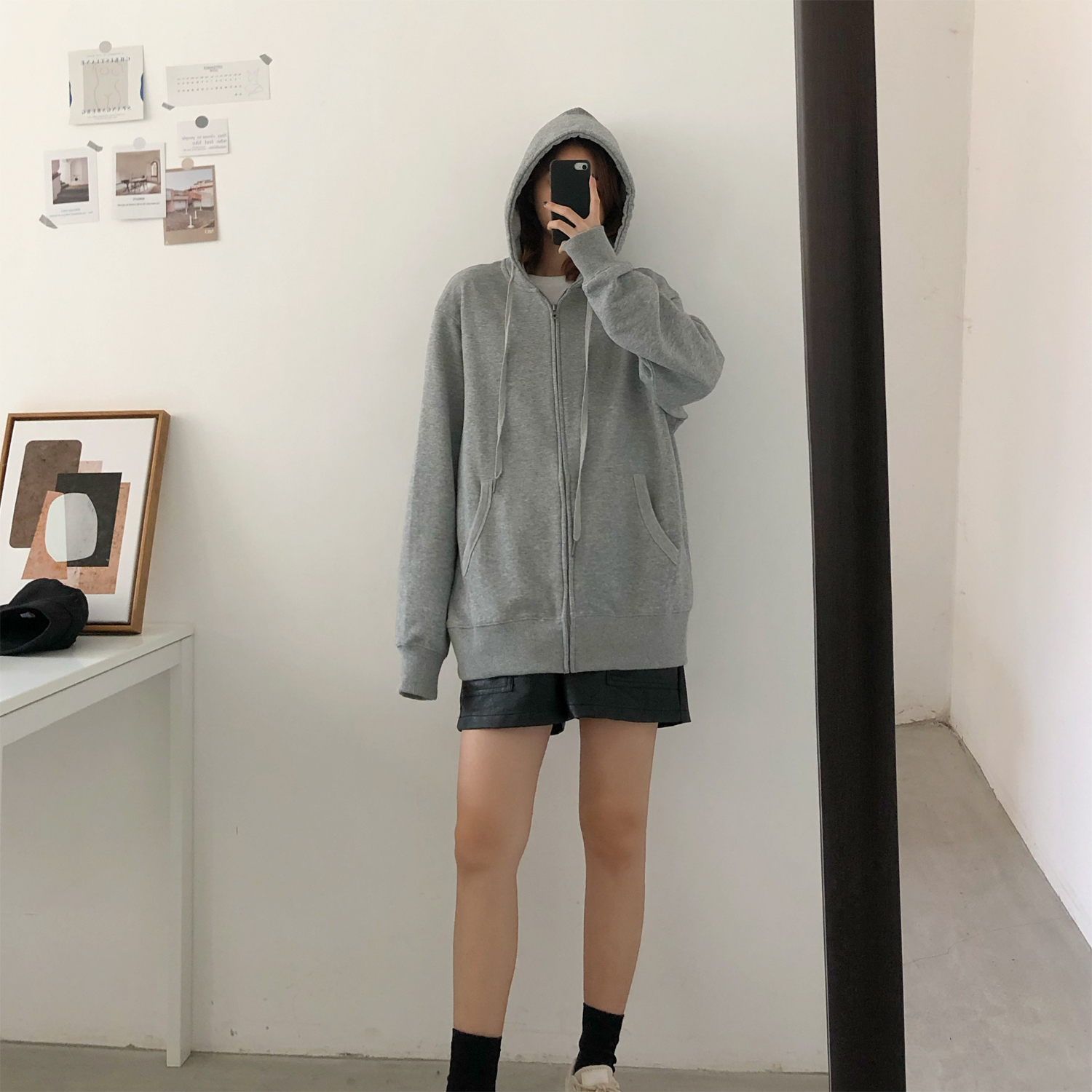 Áo Khoác Dài Tay Có Mũ Hoodie Form Rộng Phối Khóa Kéo Phong Cách Hàn Quốc