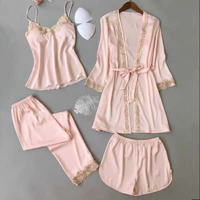 Sx265-1 combo set 4 món - đồ ngủ lụa satin phối ren -KellyWang