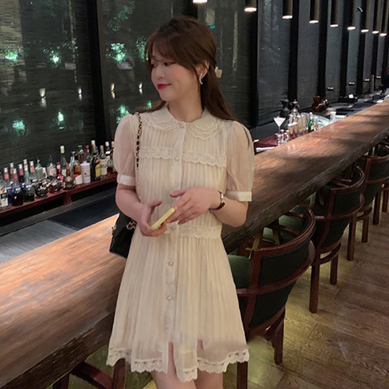 Đầm chiffon tay phồng phối ren kiểu Pháp thanh lịch thời trang mùa hè 2021 cho nữ