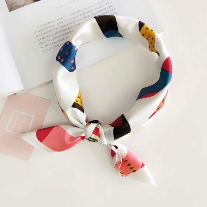 Khăn Quàng Cổ Vải Satin 48x48CM In Họa Tiết Chấm Bi / Lông Vũ Nhiều Màu Kiểu Vintage Cho Nữ