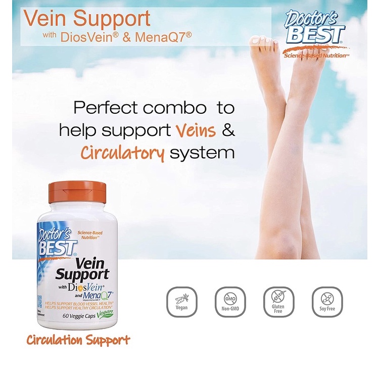 Viên chay giảm giãn tĩnh mạch Doctor's Best Vein Support with Diosvein &amp; Menaq7 60v USA