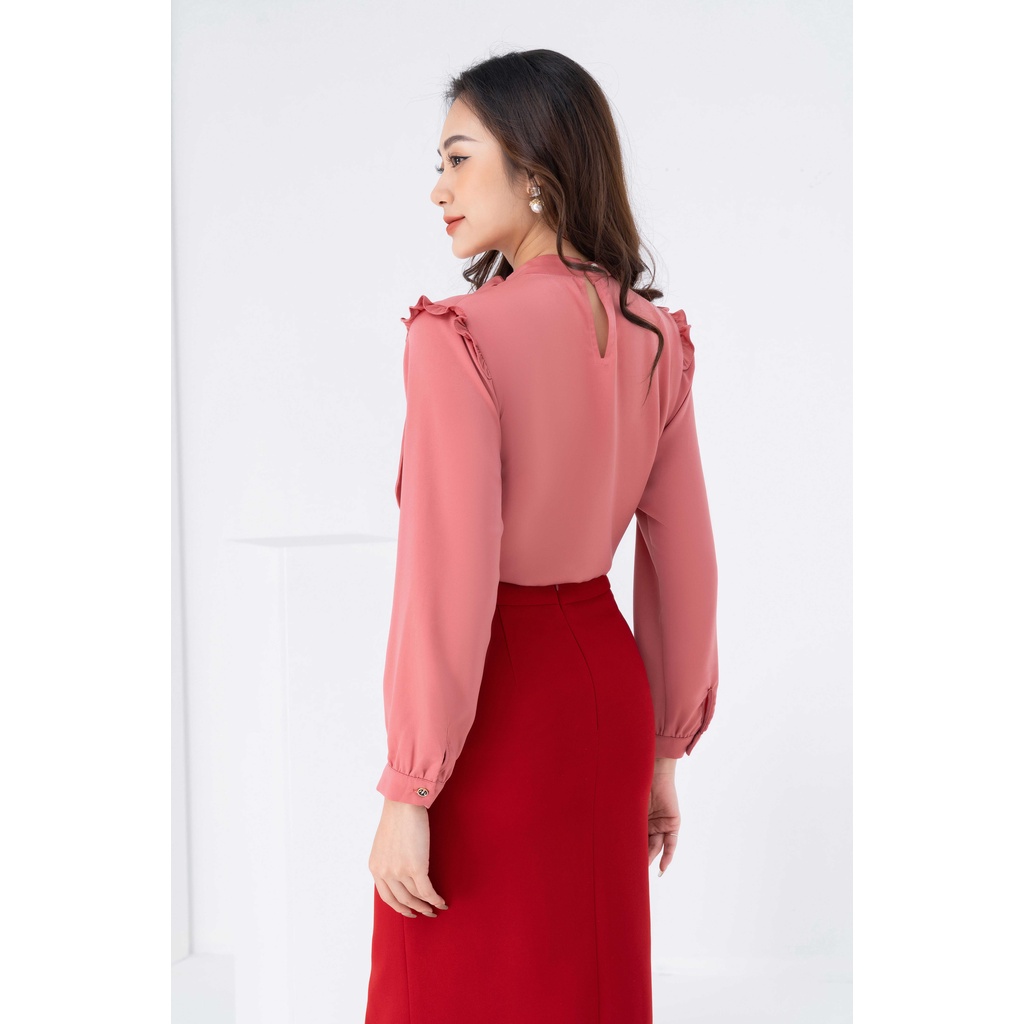 Áo sơ mi lụa cổ tàu phối nơ lệch Lamia Design SM048 SM046