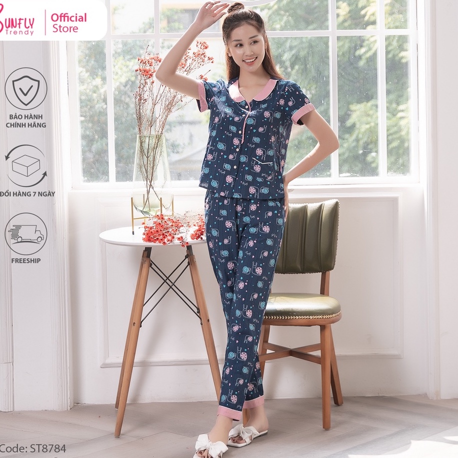 Bộ đồ mặc nhà nữ pijamas linen SUNFLY áo cộc, quần dài ST8784