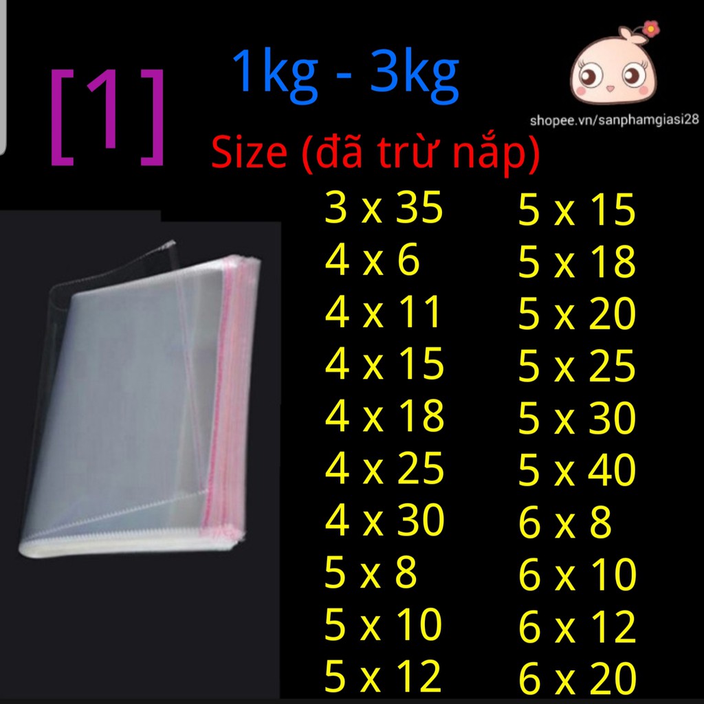 (1) 1kg - 3kg Túi bóng kiếng OPP trong có keo dán SIZE NHỎ (Có 6 bài đăng cho đầy đủ size)