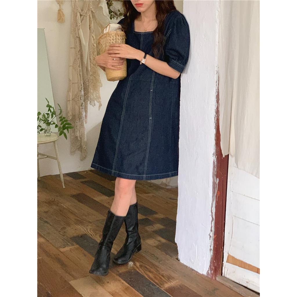 Đầm Denim Chữ A Cổ Vuông Ngắn Tay Dáng Rộng Thời Trang Hàn Quốc 53100