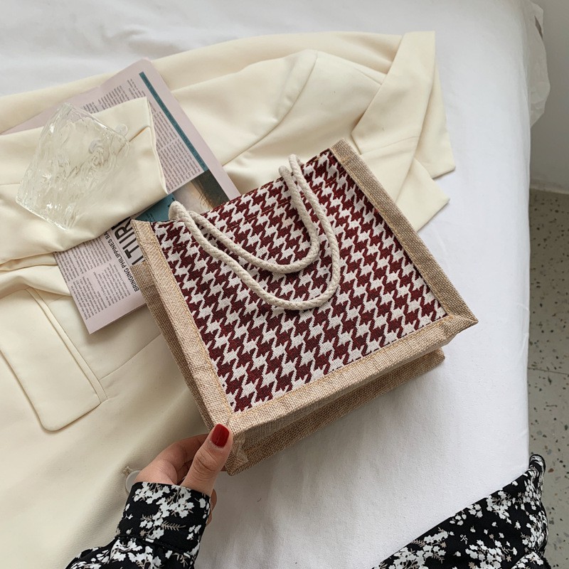 Túi Cói Vintage Đi Biển Phong Cách Hàn Quốc Hoạ Tiết caro size 21 | BigBuy360 - bigbuy360.vn