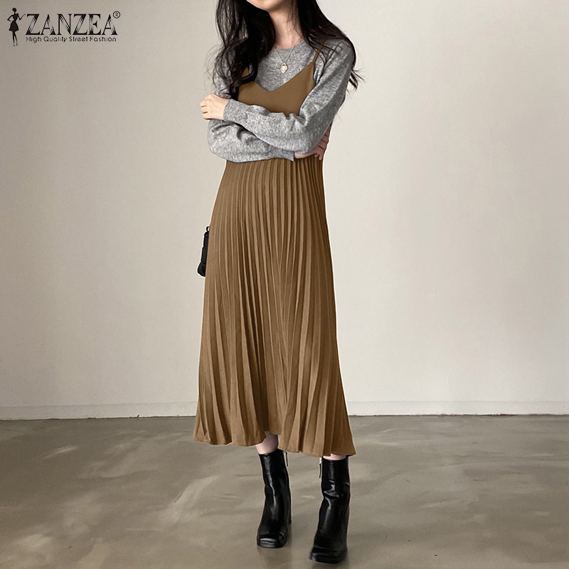 Đầm dài ZANZEA hai dây cổ chữ V kiểu xếp ly màu trơn nữ tính thanh lịch