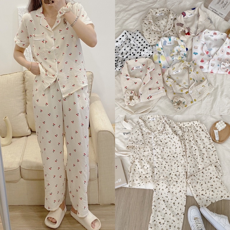 Bộ Đồ Ngủ Pyjama Nhiều Hình Chất Xô Đũi Muslin Tặng Kèm Scrunchies