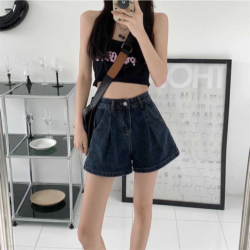 QOEDDV Quần Short Denim Chữ A Lưng Cao Ống Rộng Phong Cách Hong Kong Cho Nữ