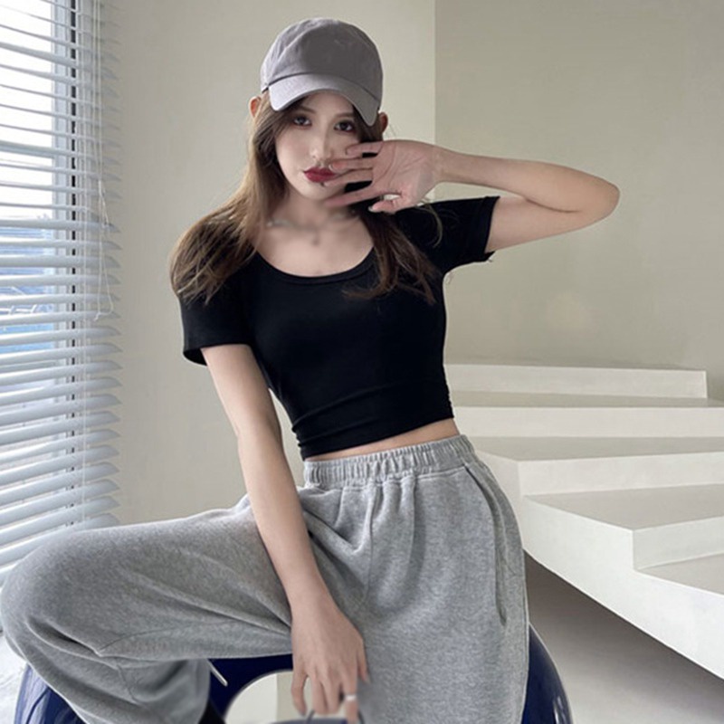 Áo Thun Croptop Tay Ngắn Cổ Vuông Màu Sắc Trơn Thời Trang Cho Nữ
