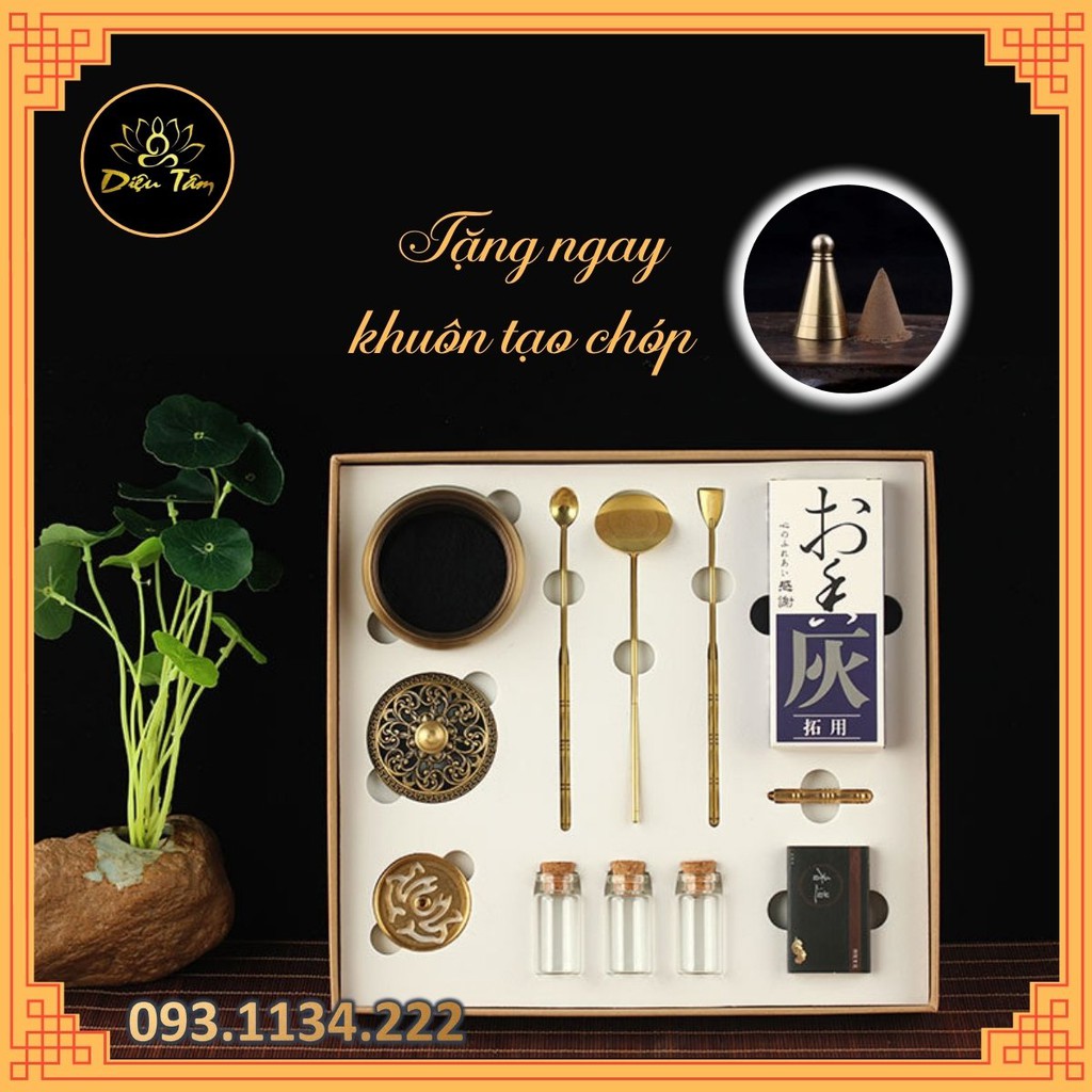 Bộ dụng cụ xông trầm hương nhiều món bằng đồng vàng nguyên chất tặng bột Nhật dẫn lửa/ khuôn tạo nụ trầm