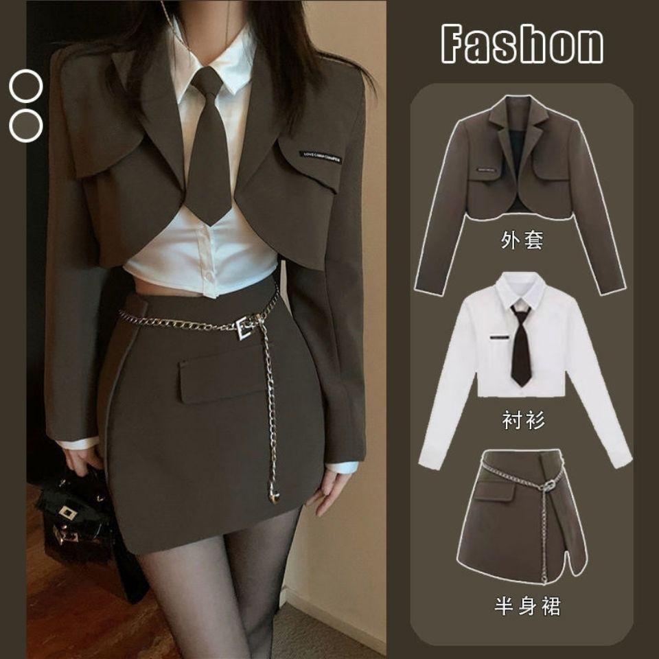 Suit women 2022 spring new short style suit jacket + satin shirt + buttocks skirt three sets