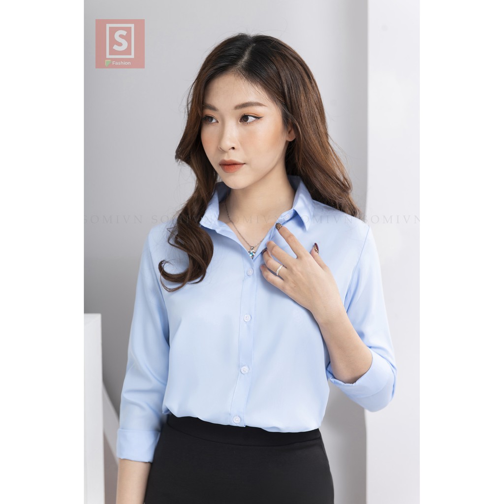 Áo nữ màu xanh nhạt cổ đức chất mát mềm mịn Somivn | BigBuy360 - bigbuy360.vn