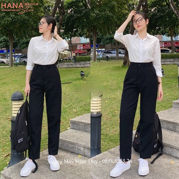 Quần tây học sinh nữ đi học lưng cao ống đứng màu Xanh Đen dáng quần baggy nữ cấp 3 2 đi học dài cạp cao vải co giãn nhẹ