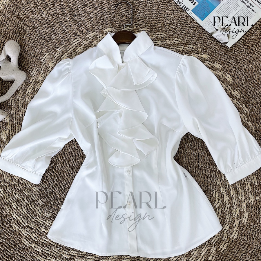 Áo sơ mi trắng nữ công sở basic lụa đẹp bèo cổ tay lỡ cao cấp Pearl Design 062201