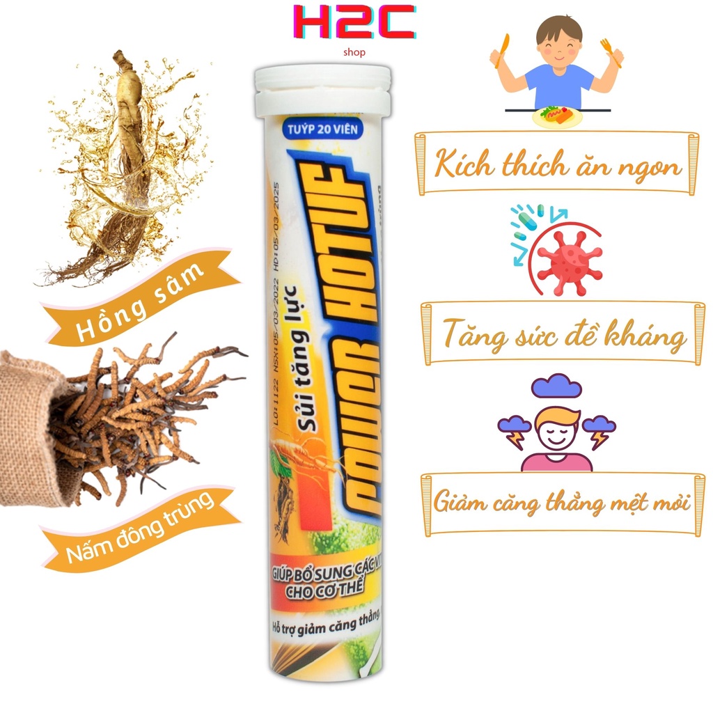 C sủi, viên sủi tăng lực POWER HOTUF 20 viên/tuýp tinh chất nhân sâm và nấm đông trùng tăng cường sức khỏe