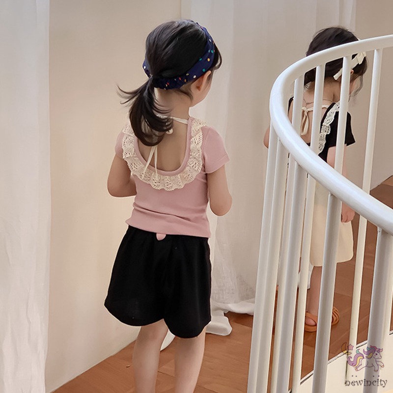 Áo Thun Tay Ngắn Phối Ren Và Nơ Dễ Thương Phong Cách Hàn Quốc Cho Bé Gái