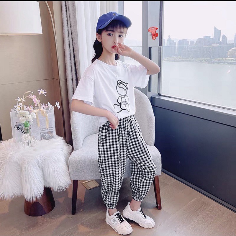 Bộ đồ bé gái Con Xinh cotton gấu Baby, set quần áo trẻ em 5 đến 14 tuổi