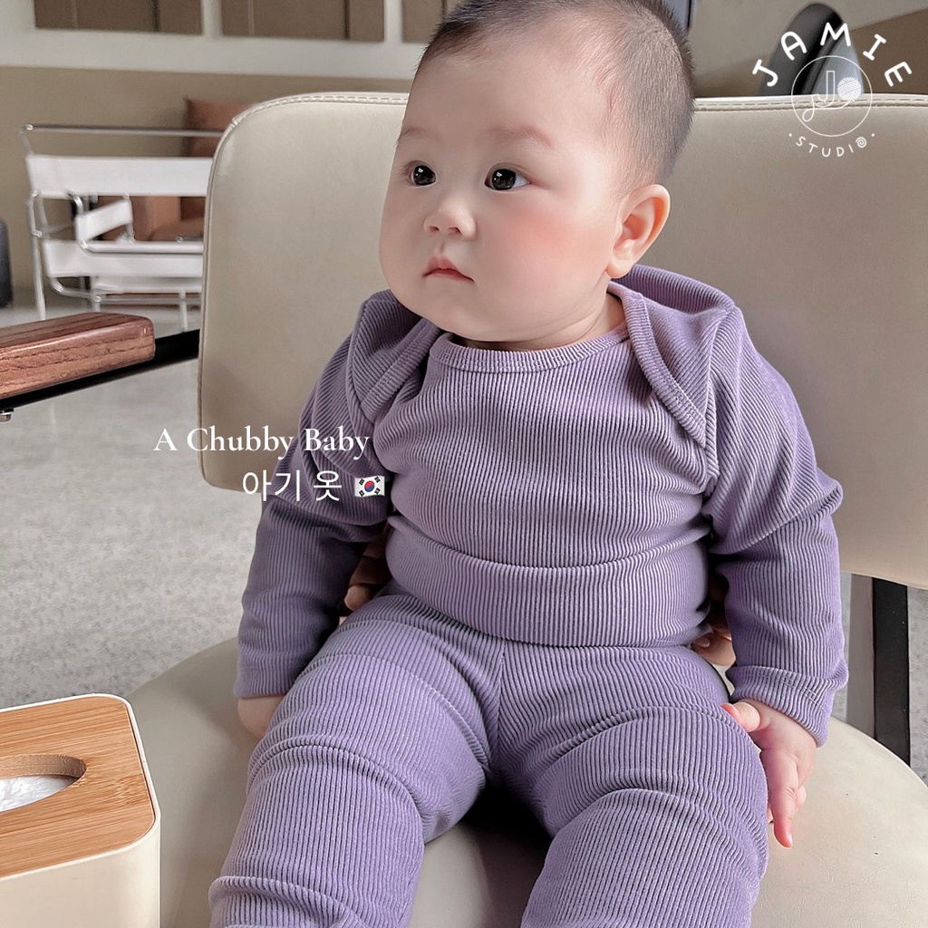 Bộ Quần Áo Thun Tăm Nhung Dài Tay Cổ Tròn Trơn Màu Dày Dặn Cho Bé Trai và Bé Gái Hàn Quốc Mẫu Basic