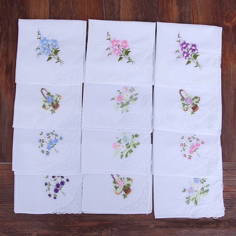 Bộ 6 Khăn Tay Cotton Phối Ren Thêu Hoa Phong Cách Vintage