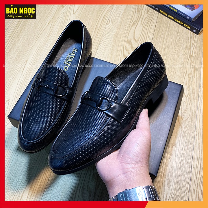 Giày Lười Nam Da Bò Dập Vân Chấm Nhỏ Cao Cấp - Băng Xích Đen - Bảo Hành 12 Tháng - Mã K2218