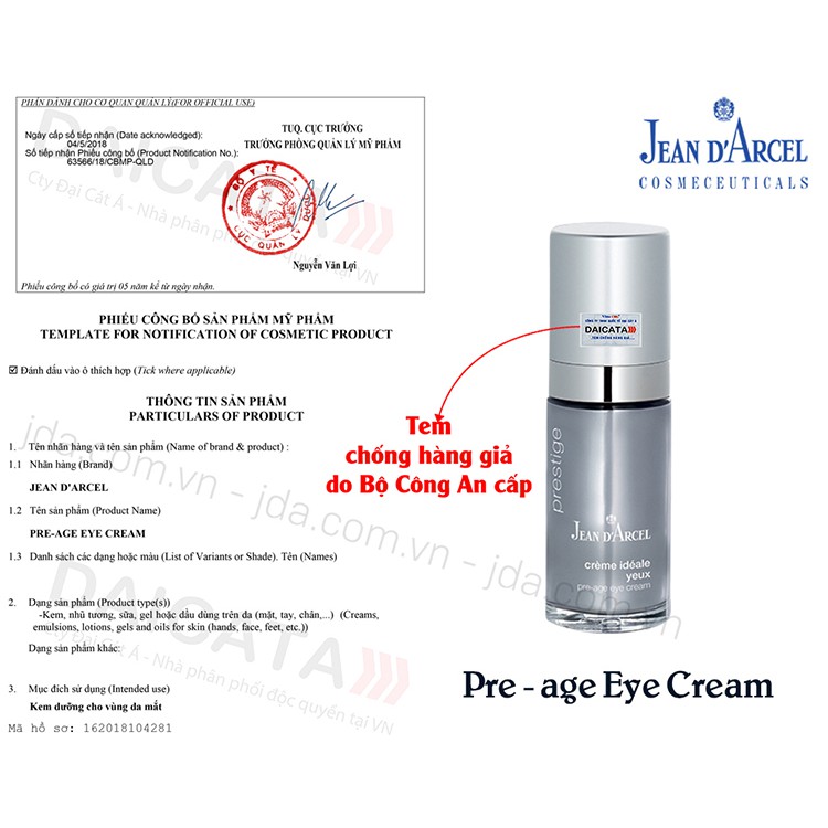 [HÀNG CÔNG TY] Kem Dưỡng Sáng Da Và Ngăn Ngừa Lão Hóa Sớm Vùng Mắt Jean D'Arcel Pre-age Eye Cream