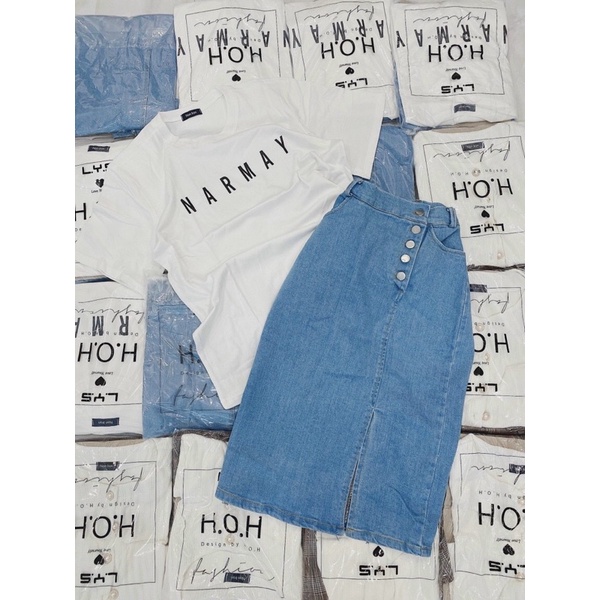 🎁🎁 SET ÁO THUN TRẮNG + CHÂN VÁY JEAN MIDI DẠO PHỐ CÁ TÍNH VINTAGE