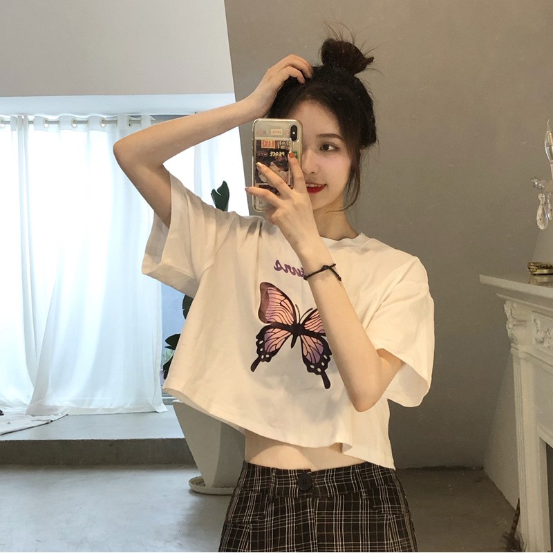 Áo thun croptop nữ form rộng tay ngắn ulzzang in hình Bướm trẻ trung phong cách Hàn Quốc C15 - MaoMao