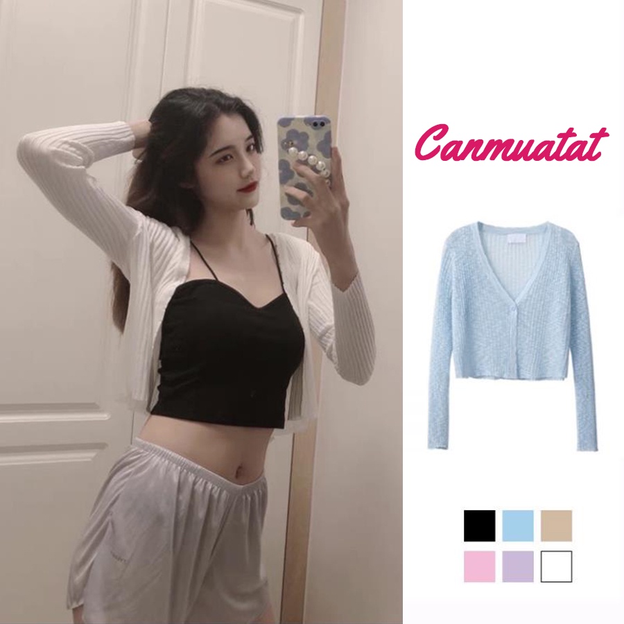 Áo khoác dệt kim mỏng dài tay cổ V mặc hè CMT, áo khoác ngoài mỏng kiểu dáng croptop phong cách Hàn Quốc