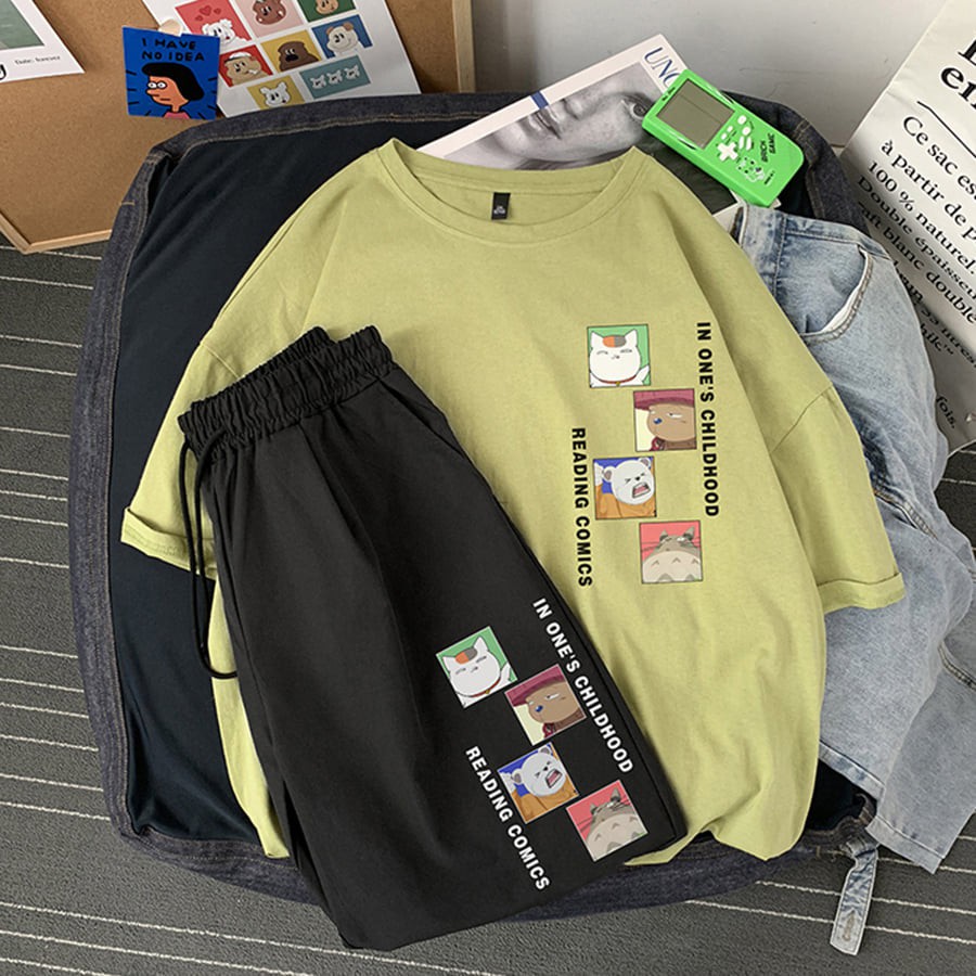 Bộ thể thao nam nữ Unisex ⚡ 𝐅𝐫𝐞𝐞𝐬𝐡𝐢𝐩 ⚡Set thể thao gồm Áo thun nữ tay lỡ và Quần short kaki hình in gấu dễ thương