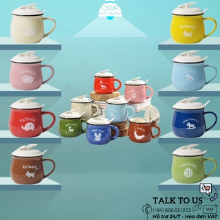 Cốc sứ COLORFUL cao cấp 8 MÀU CÓ NẮP và THÌA dung tích 350ml, họa tiết NGẪU NHIÊN, ly sứ quà tặng thông điệp cuộc sống ý