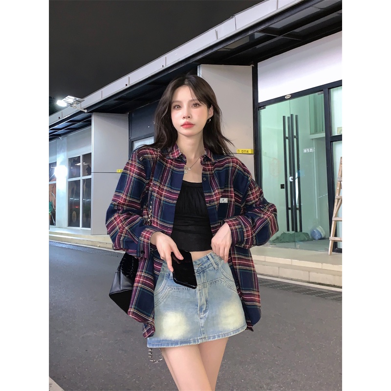 Áo sơ mi ZHELIHANGFEI tay dài dáng rộng họa tiết kẻ sọc phong cách học đường Mỹ thời trang dễ phối đồ