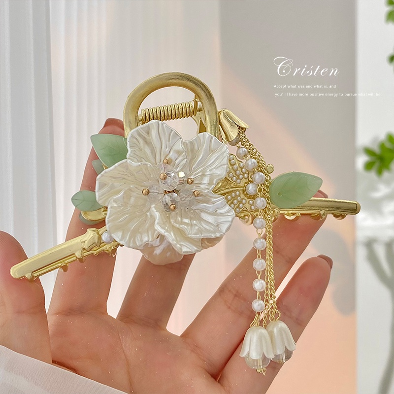 Kẹp Càng Cua Kim Loại Đính Hoa Trà Phong Cách Hàn Quốc