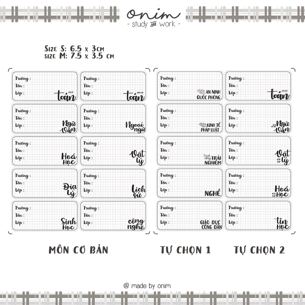 Nhãn Vở theo tên môn học - Sticker Nhãn Vở Môn Học tiện lợi - Link không in tên theo yêu cầu - Onim thiết kế