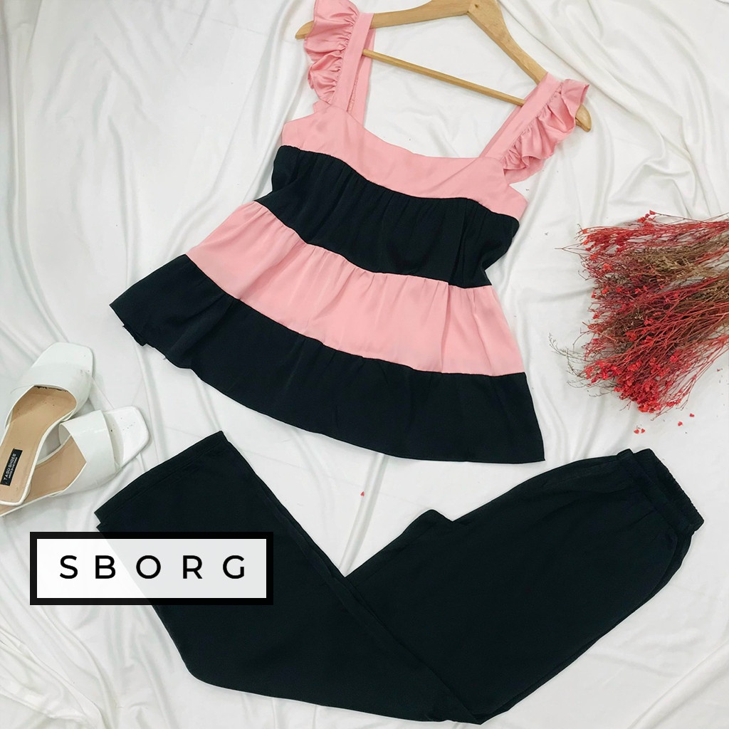 Đồ bộ mặc nhà SBORG bộ 2 dây nữ lụa latin vai tiên 3 tầng mix màu tiểu thư dễ thương phối quần dài có túi freesize 65kg