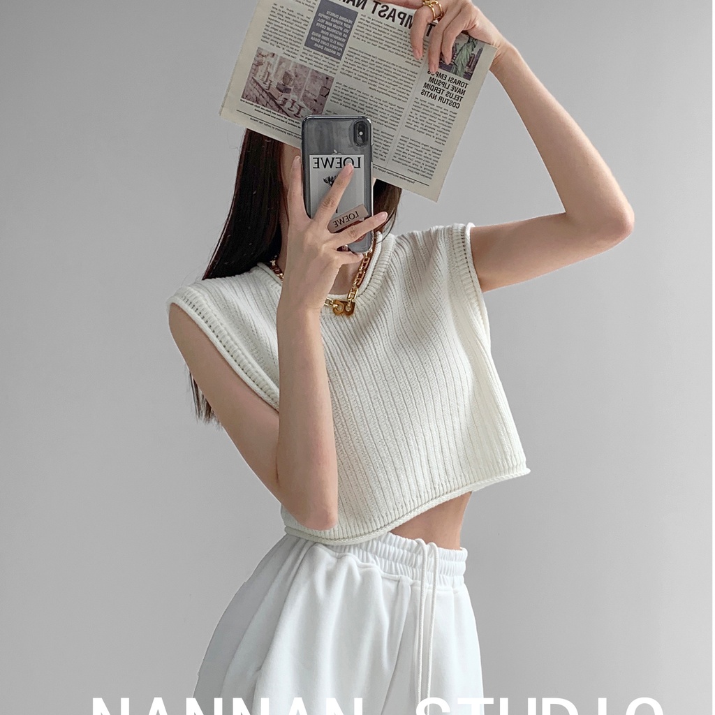 Áo croptop SUXI dệt kim cổ tròn không tay màu đơn giản