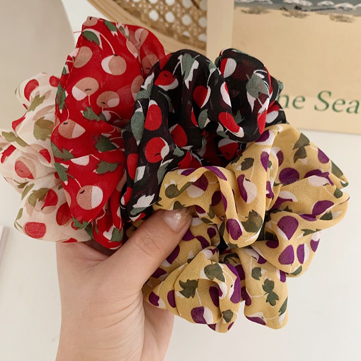 Dây Cột Tóc Scrunchies Họa Tiết Cherry Vintage Dịu Dàng