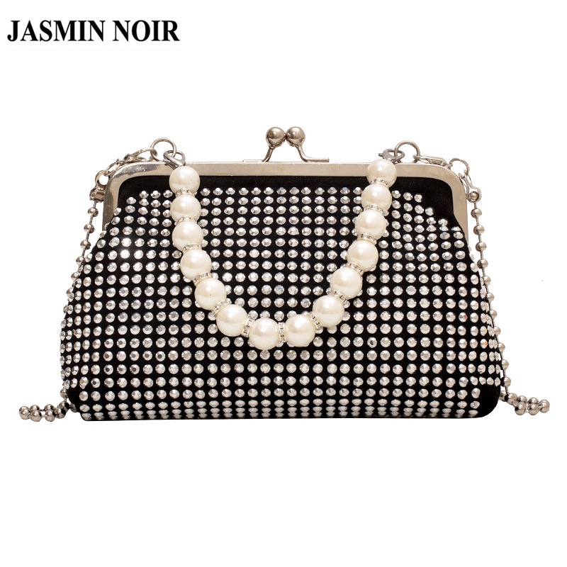 Túi Đeo JASMIN NOIR Chéo Nắp Gập Đính Ngọc Trai Và Kim Cương Giả Dễ Thương Cho Bạn Gái