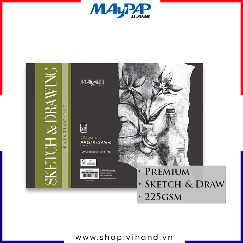 Tập sổ vẽ nghệ thuật MayArt Sketch & Drawing Pad A4 225gsm – 20 tờ