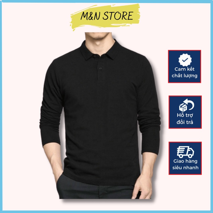 Áo thun nam dài tay cổ bẻ kiểu dáng trơn basic chất liệu cotton co giãn thoải mái
