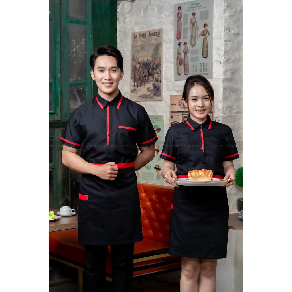 Tạp dề ngắn cho nhân viên phục vụ nhà hàng, quán cà phê - Màu đơn phối viền đỏ - Freesize, phù hợp với nam, nữ