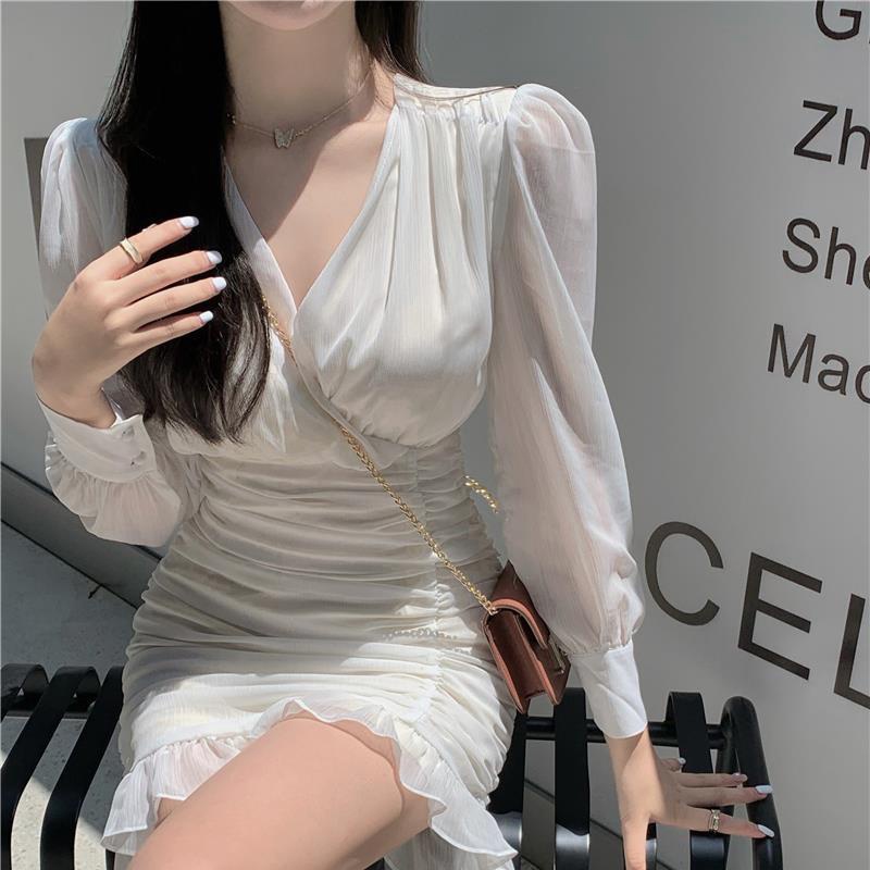 IELGY Đầm Chiffon Trắng Tay Phồng Cổ Chữ V Dáng Ôm Thời Trang Hàn Quốc Cho Nữ