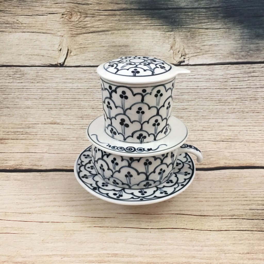 Bộ phin pha cà phê bằng gốm Bát Tràng hoa văn