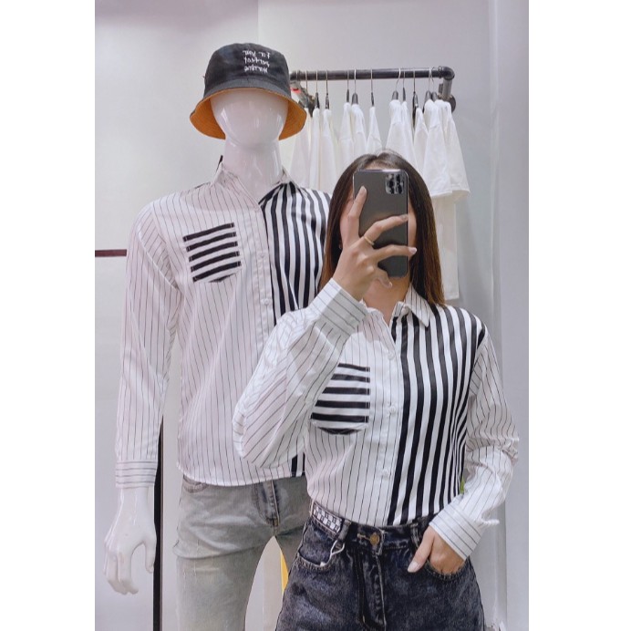 💟Áo sơ mi nam nữ tay dài Hàn Quốc form Body, hoạt tiết sọc đen trắng, chất lụa không nhăn - D243 Luxury 2021 HOT