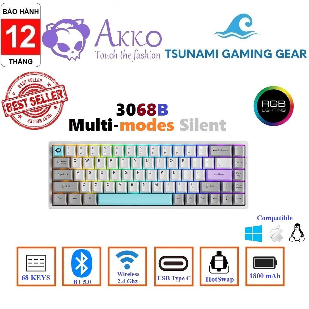 [Mã SKAMSALE03 giảm 10% đơn 200k] Bàn phím cơ không dây Akko 3068B Multi-modes Silent RGB/ 3068 Silent / Bluetooth 5.0