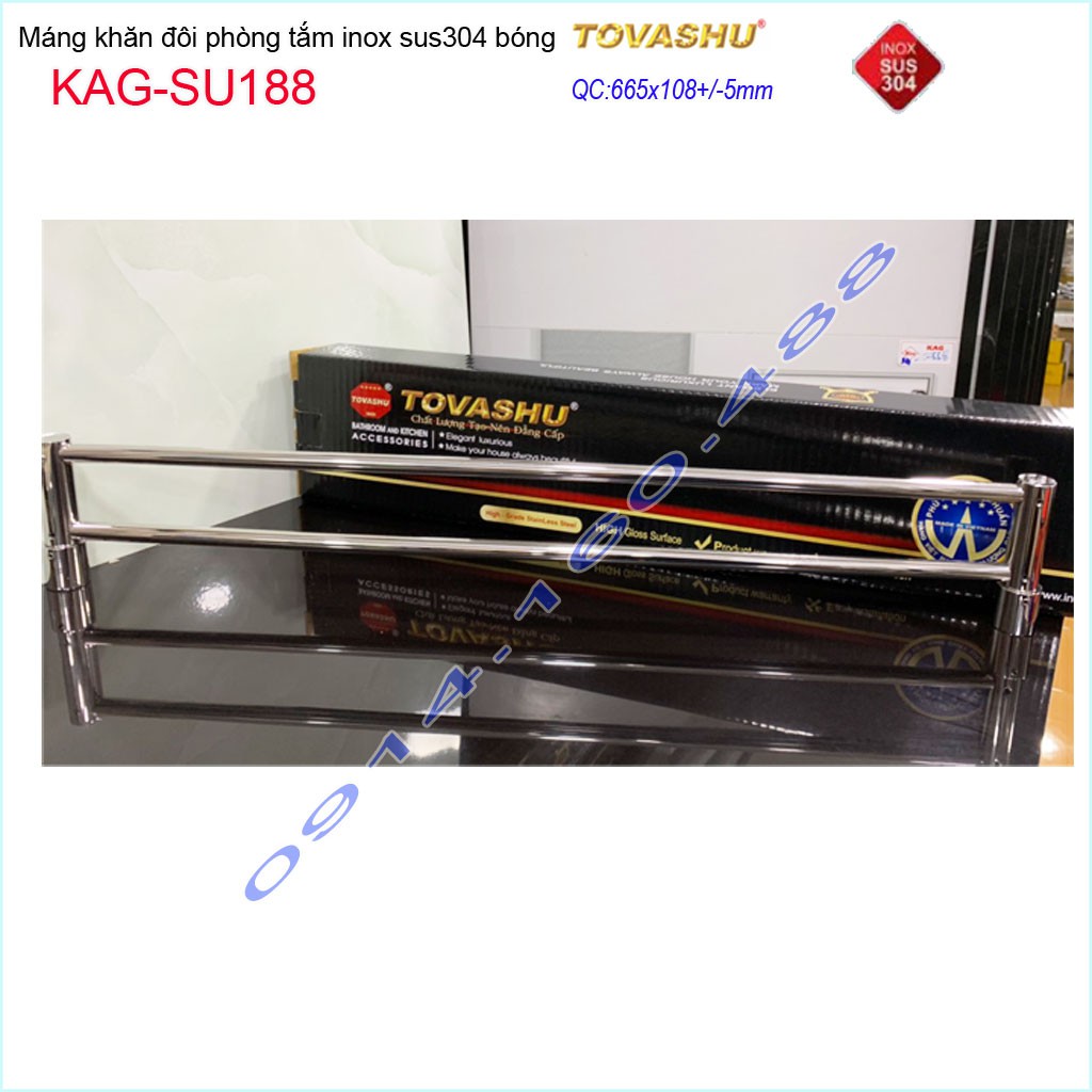 Thanh treo khăn tắm Tovashu KAG-304SU188, Giá treo khăn phòng tắm Inox hộp cao cấp SUS304 Nhật Bản